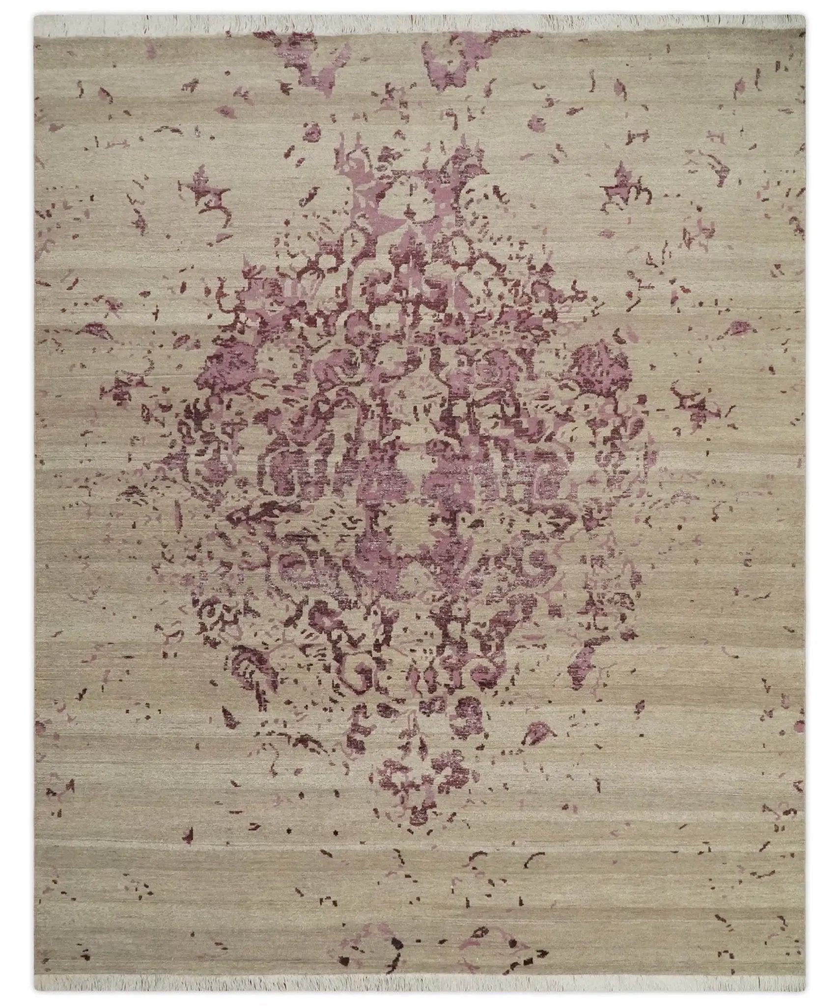8x10 Camel and Purple Antique Style, Abstract Hand Knotted Low pile Wool Area Rug by The Rug Decor