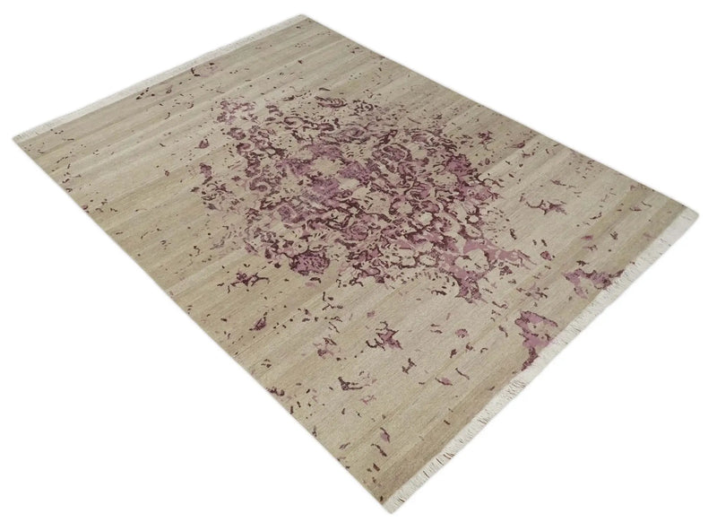 8x10 Camel and Purple Antique Style, Abstract Hand Knotted Low pile Wool Area Rug by The Rug Decor