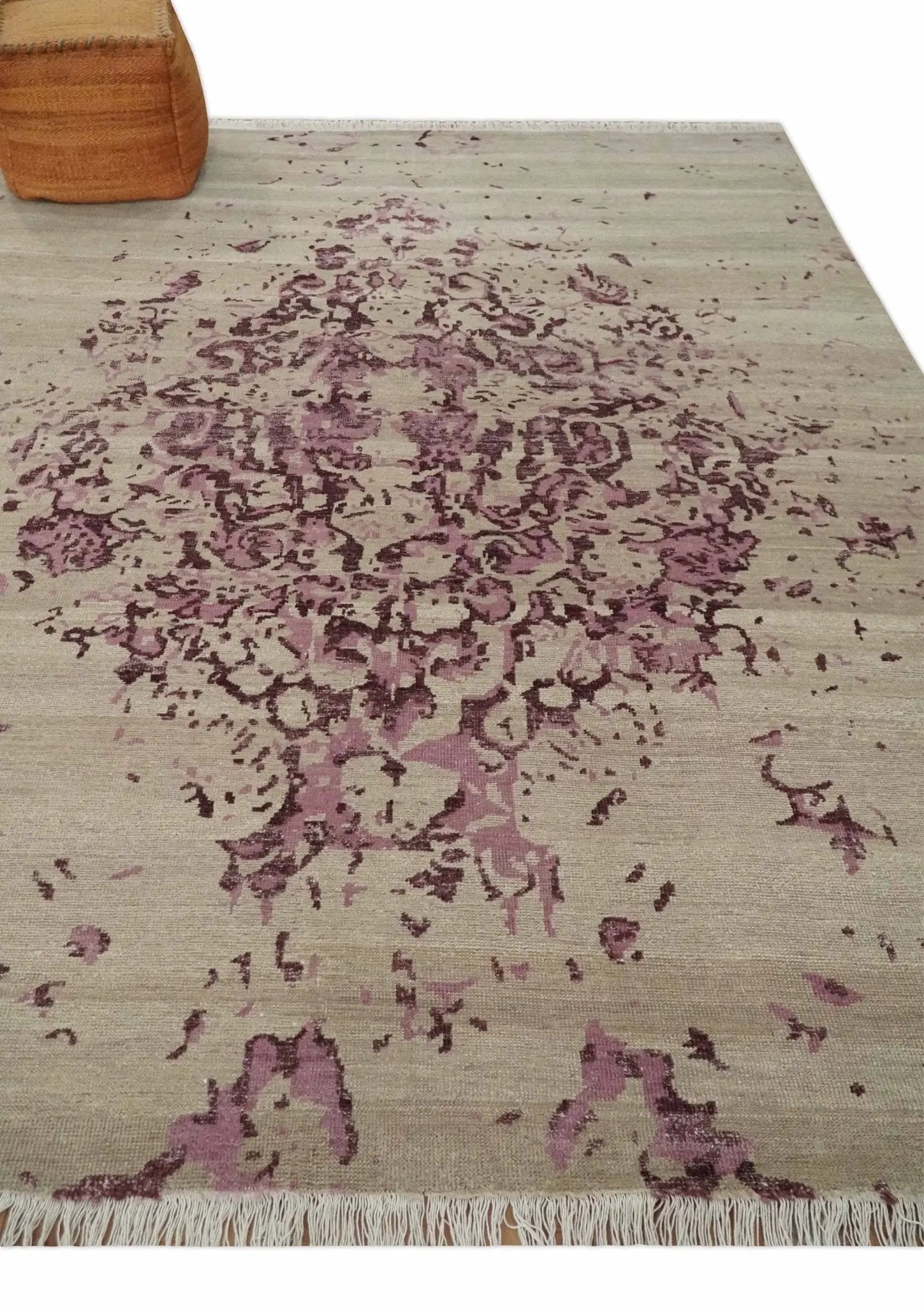 8x10 Camel and Purple Antique Style, Abstract Hand Knotted Low pile Wool Area Rug by The Rug Decor