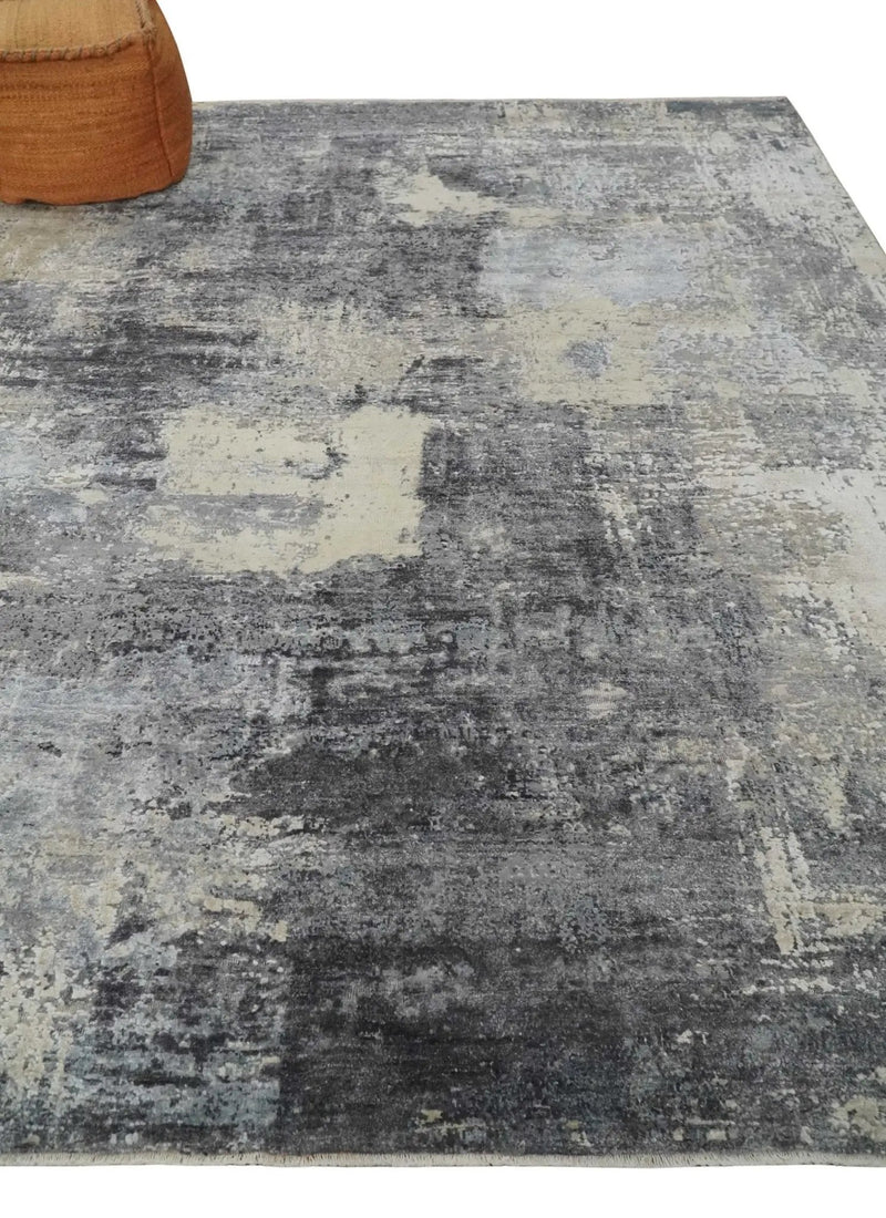 8x10 Charcoal, Beige and Gray Modern Abstract Distressed Finish High Low texture Hand Knotted Rug by The Rug Decor