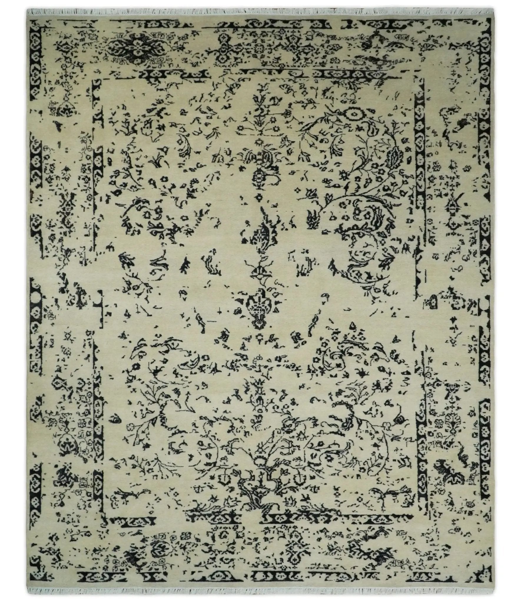 8x10 Fine Hand Knotted Beige and Black Traditional Vintage Persian Antique Wool Rug by The Rug Decor