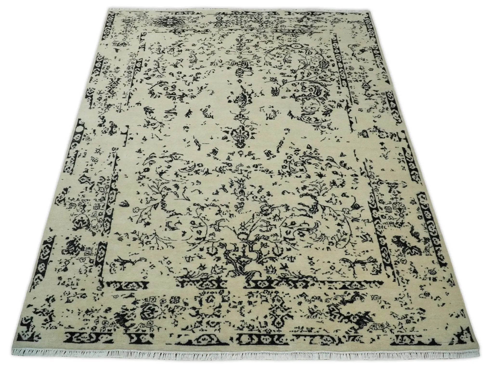 8x10 Fine Hand Knotted Beige and Black Traditional Vintage Persian Antique Wool Rug by The Rug Decor