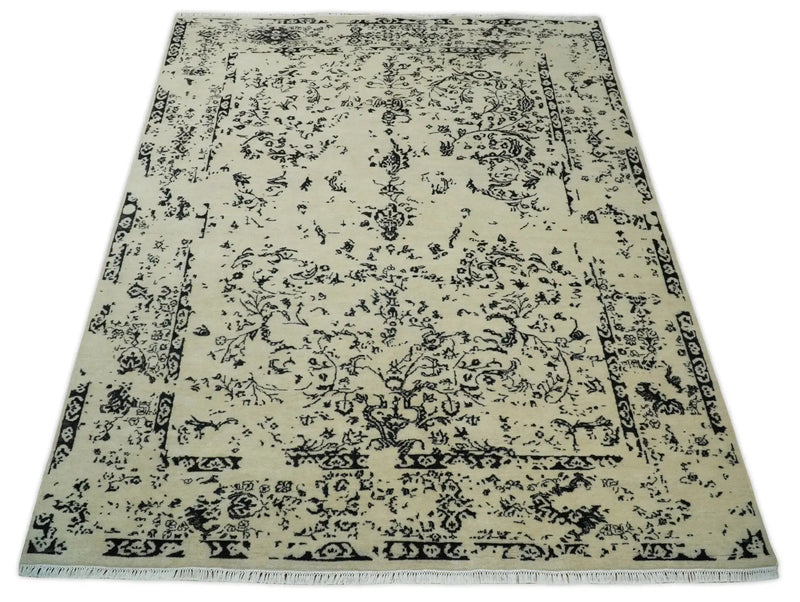 8x10 Fine Hand Knotted Beige and Black Traditional Vintage Persian Antique Wool Rug by The Rug Decor