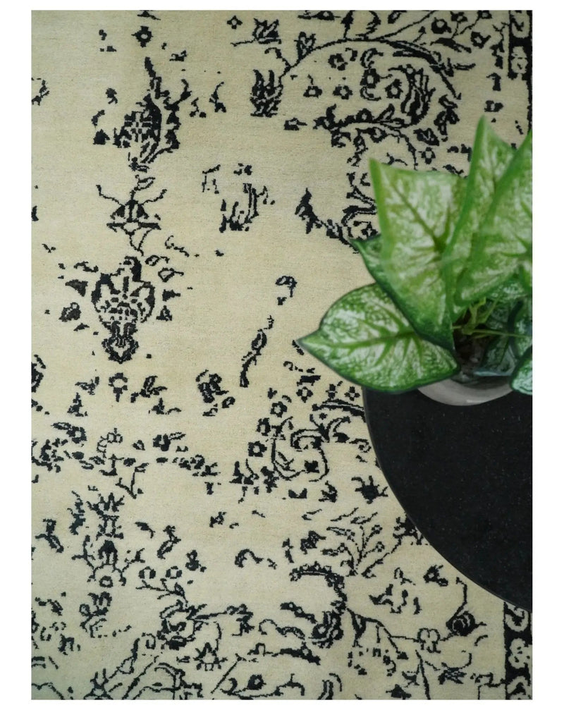 8x10 Fine Hand Knotted Beige and Black Traditional Vintage Persian Antique Wool Rug by The Rug Decor