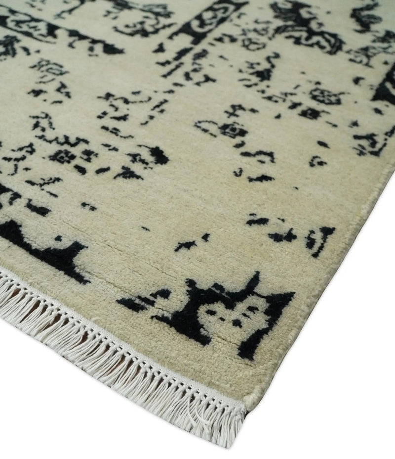 8x10 Fine Hand Knotted Beige and Black Traditional Vintage Persian Antique Wool Rug by The Rug Decor