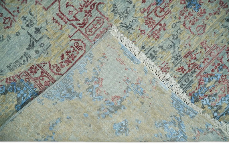 8x10 Fine Hand Knotted Beige and Blue Modern Abstract Style Wool and Silk Area Rug by The Rug Decor