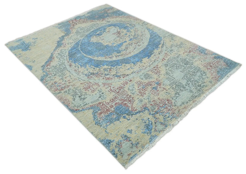 8x10 Fine Hand Knotted Beige and Blue Modern Abstract Style Wool and Silk Area Rug by The Rug Decor