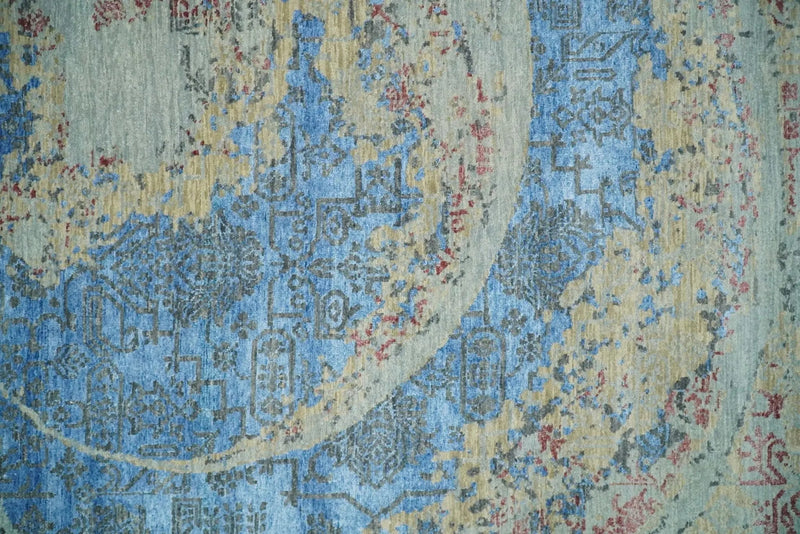 8x10 Fine Hand Knotted Beige and Blue Modern Abstract Style Wool and Silk Area Rug by The Rug Decor