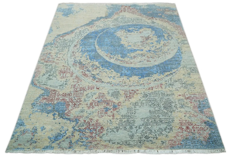 8x10 Fine Hand Knotted Beige and Blue Modern Abstract Style Wool and Silk Area Rug by The Rug Decor