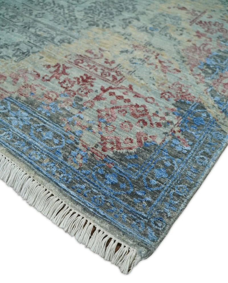 8x10 Fine Hand Knotted Beige and Blue Modern Abstract Style Wool and Silk Area Rug by The Rug Decor