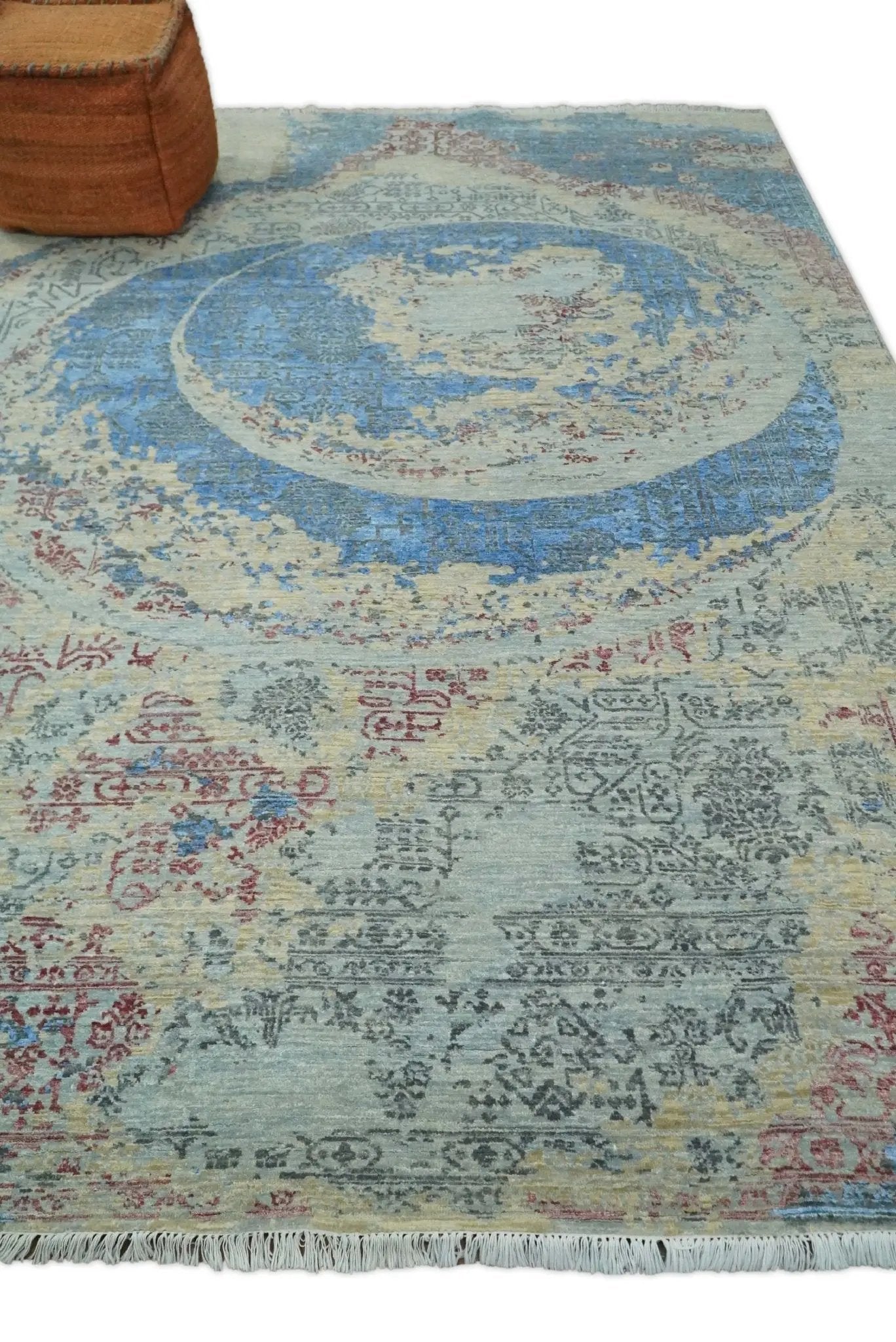 8x10 Fine Hand Knotted Beige and Blue Modern Abstract Style Wool and Silk Area Rug by The Rug Decor