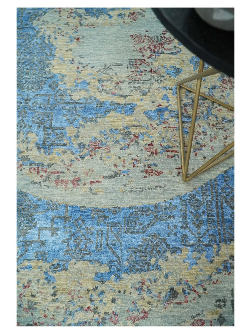 8x10 Fine Hand Knotted Beige and Blue Modern Abstract Style Wool and Silk Area Rug by The Rug Decor