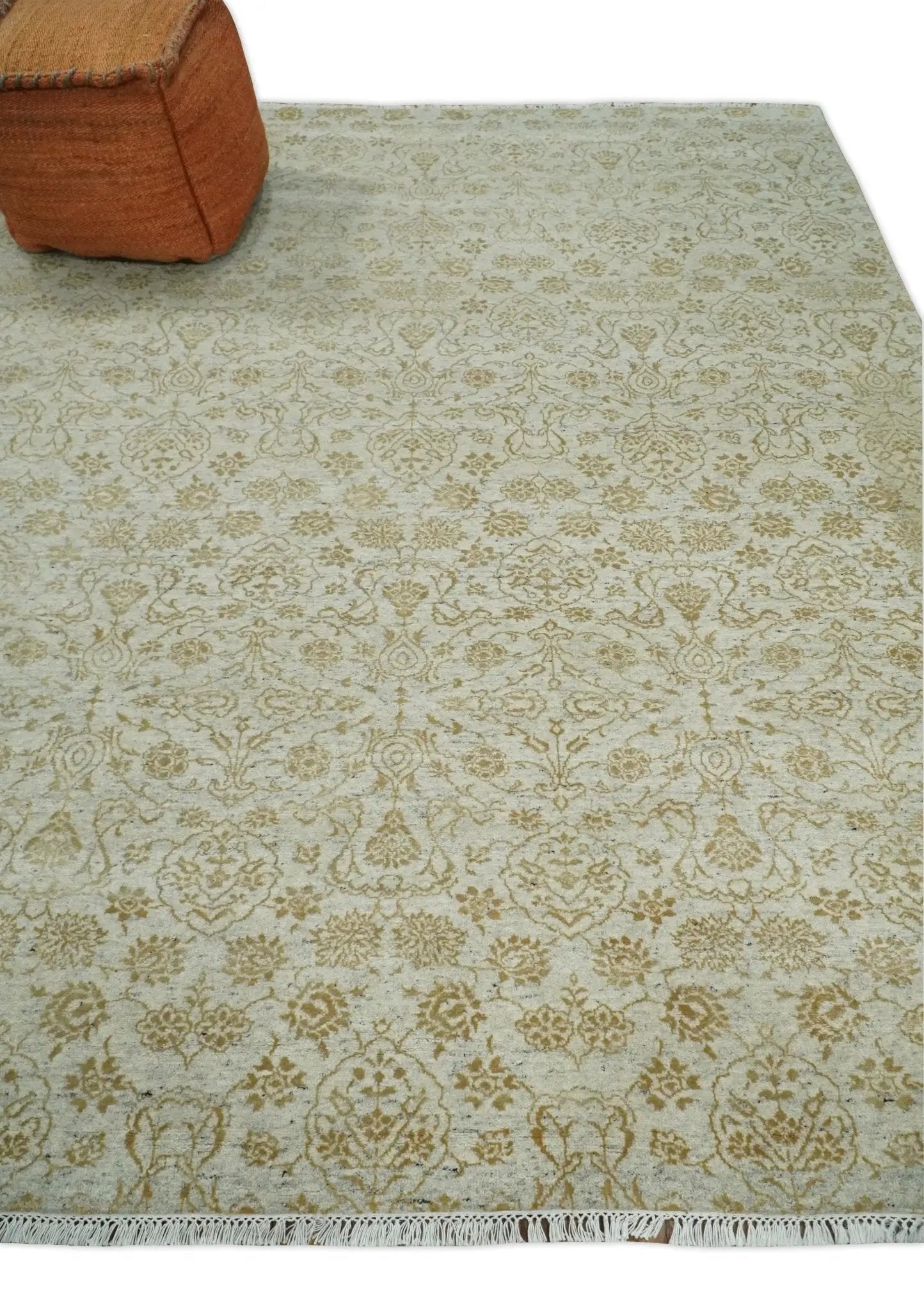 8x10 Fine Hand Knotted Beige and Gold Traditional Vintage Persian Style Antique Silk Rug by The Rug Decor