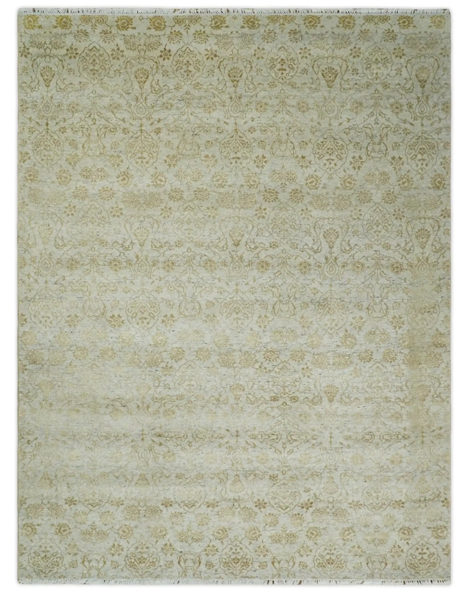 8x10 Fine Hand Knotted Beige and Gold Traditional Vintage Persian Style Antique Silk Rug by The Rug Decor