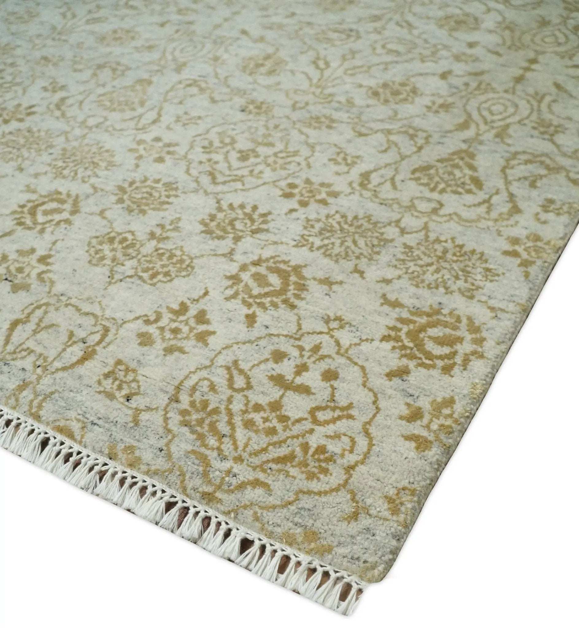 8x10 Fine Hand Knotted Beige and Gold Traditional Vintage Persian Style Antique Silk Rug by The Rug Decor