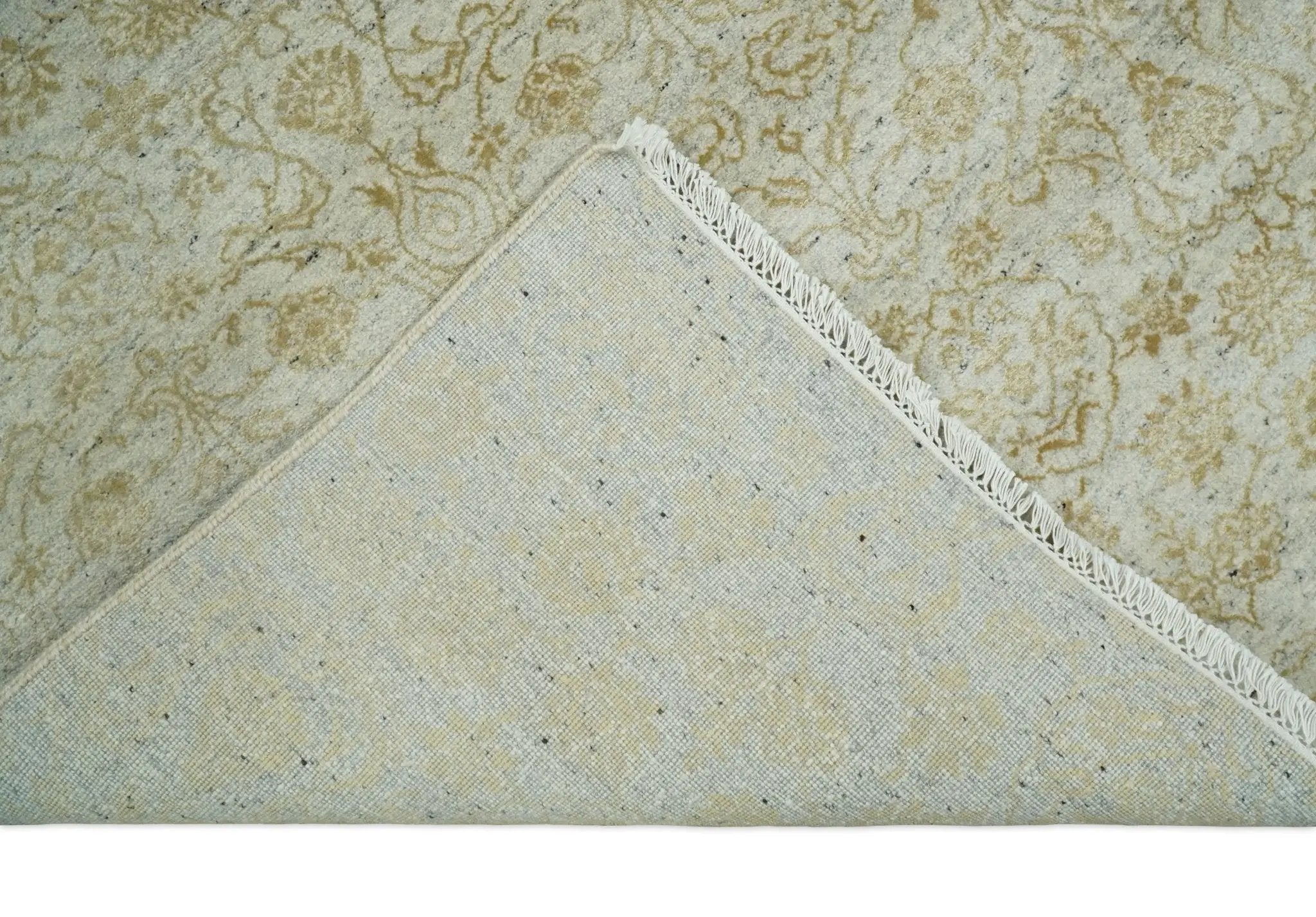 8x10 Fine Hand Knotted Beige and Gold Traditional Vintage Persian Style Antique Silk Rug by The Rug Decor