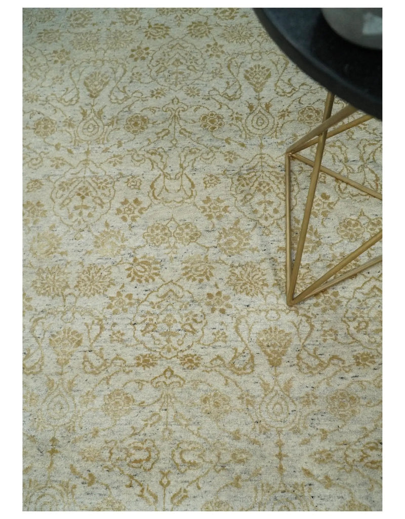 8x10 Fine Hand Knotted Beige and Gold Traditional Vintage Persian Style Antique Silk Rug by The Rug Decor