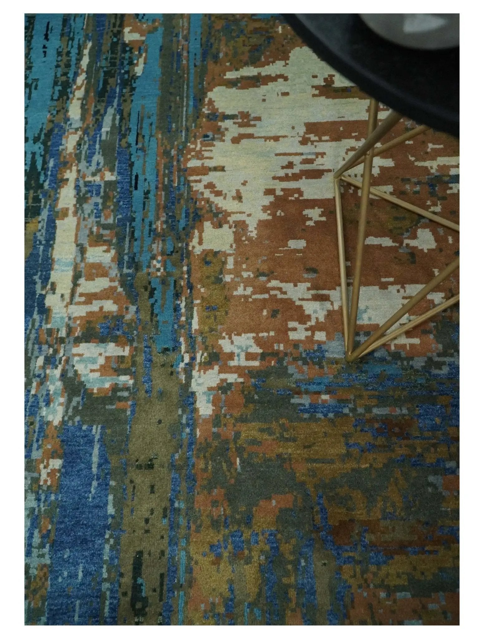 8x10 Fine Hand Knotted Blue and Brown Modern Abstract Wool Area Rug by The Rug Decor