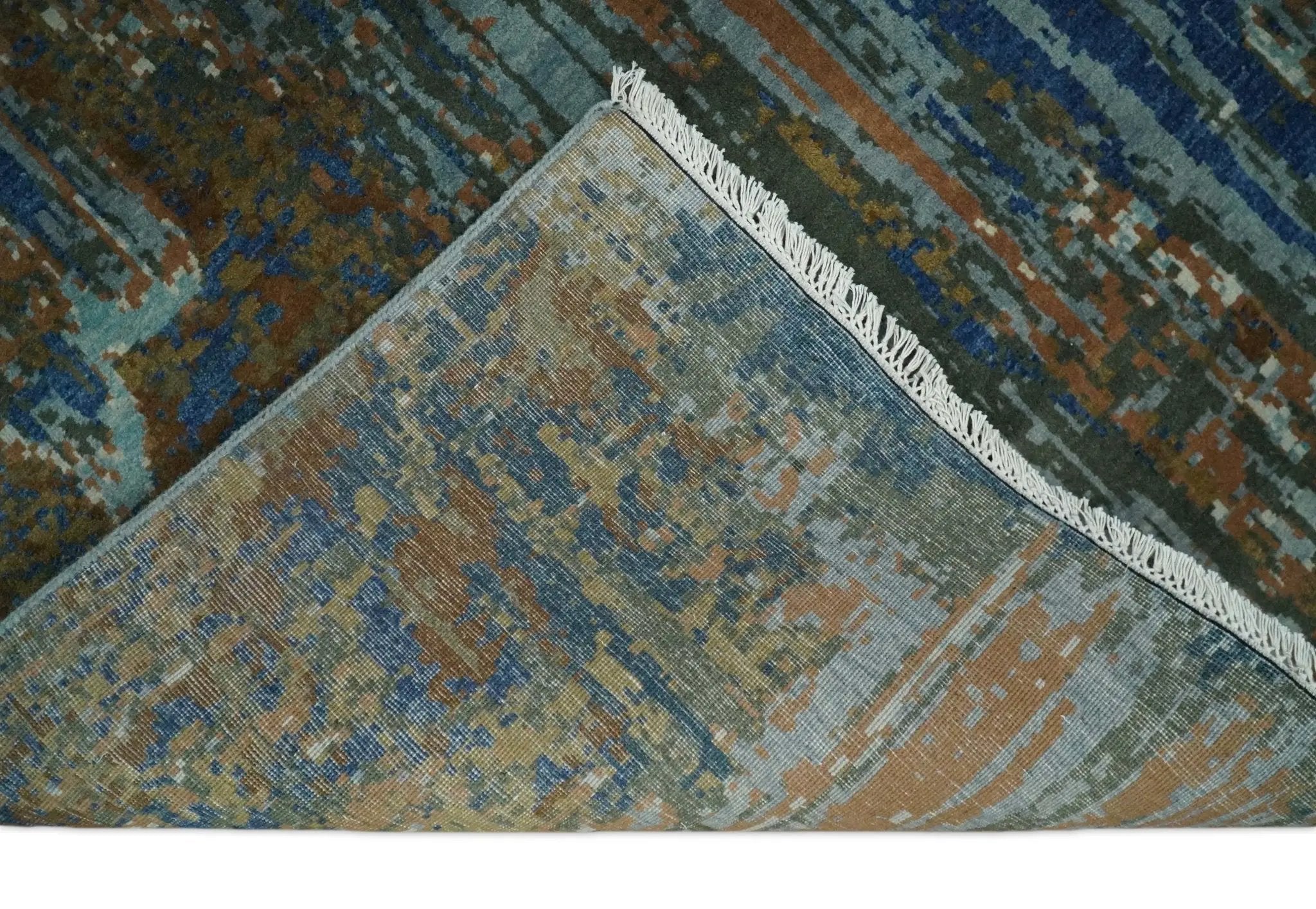 8x10 Fine Hand Knotted Blue and Brown Modern Abstract Wool Area Rug by The Rug Decor