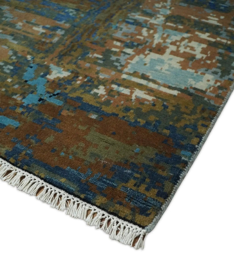 8x10 Fine Hand Knotted Blue and Brown Modern Abstract Wool Area Rug by The Rug Decor