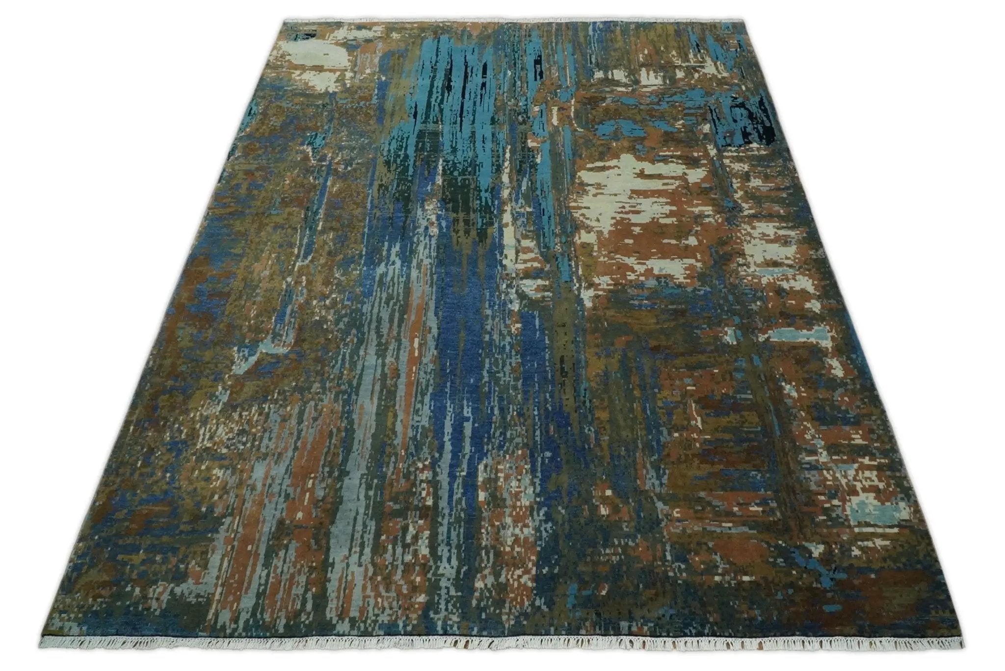 8x10 Fine Hand Knotted Blue and Brown Modern Abstract Wool Area Rug by The Rug Decor