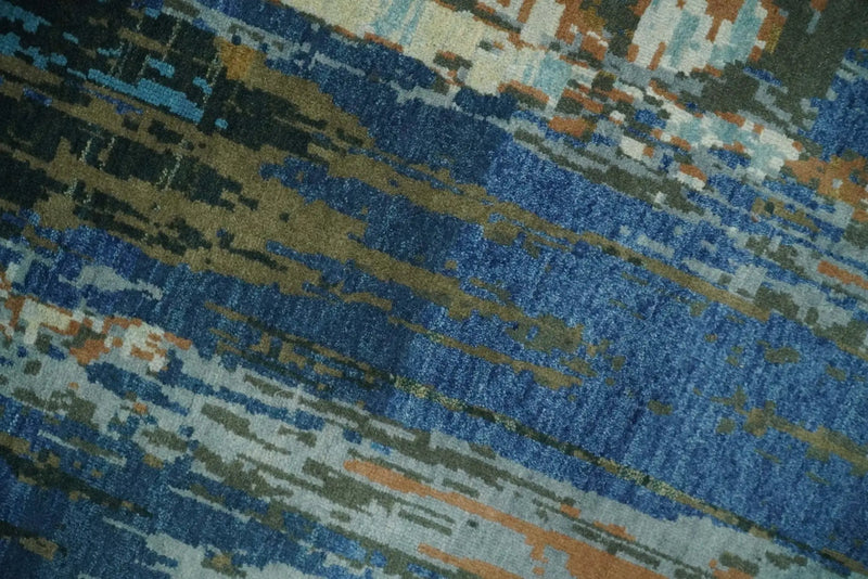 8x10 Fine Hand Knotted Blue and Brown Modern Abstract Wool Area Rug by The Rug Decor