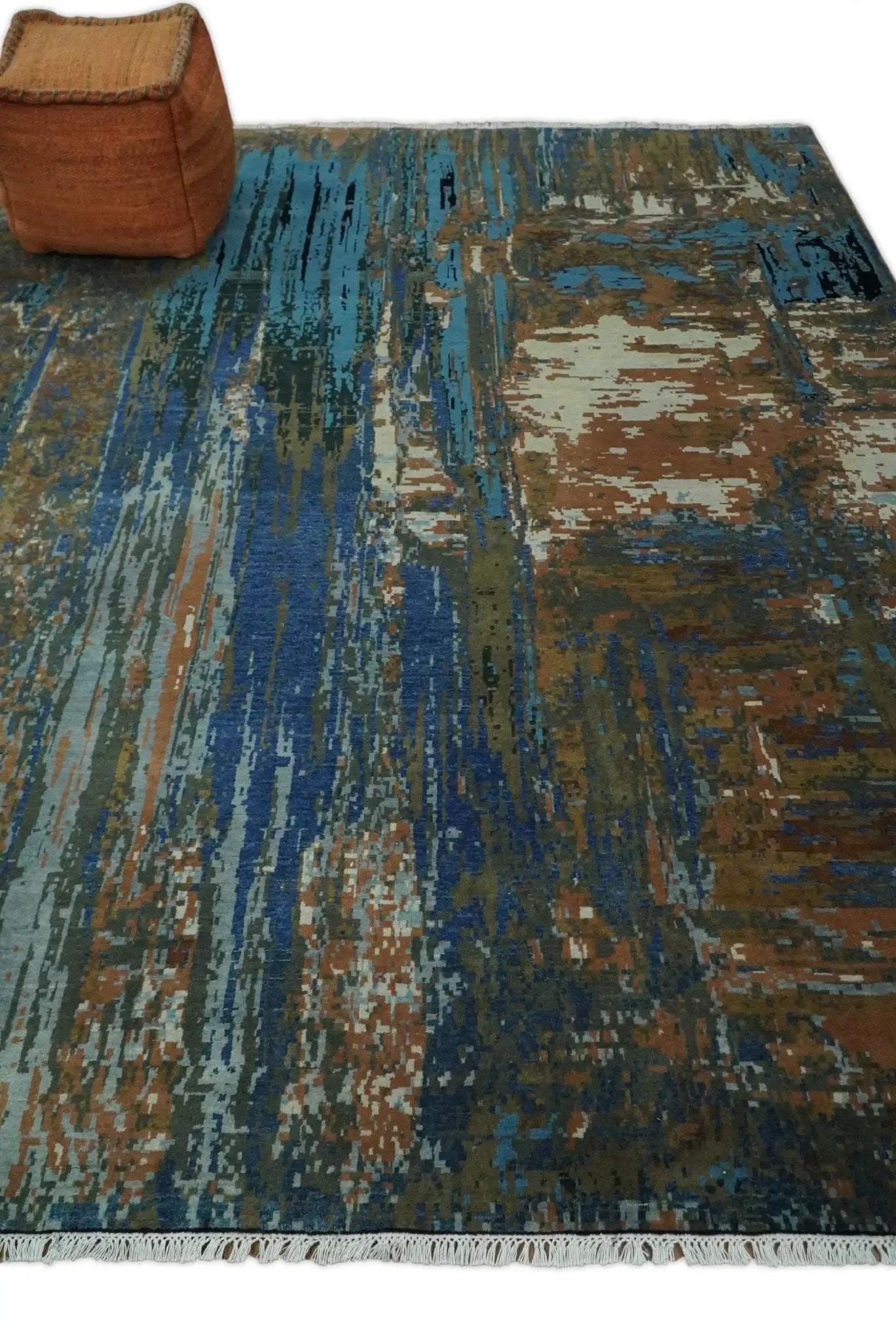 8x10 Fine Hand Knotted Blue and Brown Modern Abstract Wool Area Rug by The Rug Decor