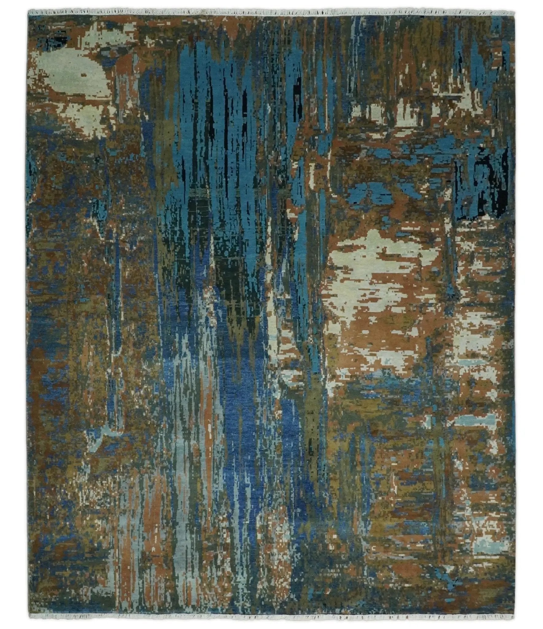 8x10 Fine Hand Knotted Blue and Brown Modern Abstract Wool Area Rug by The Rug Decor