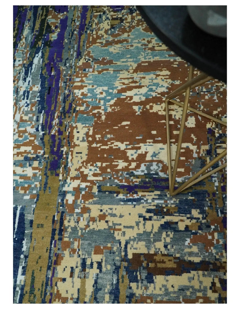 8x10 Fine Hand Knotted Blue And Brown Modern Abstract Wool and Bamboo Silk Area Rug by The Rug Decor