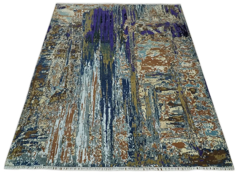 8x10 Fine Hand Knotted Blue And Brown Modern Abstract Wool and Bamboo Silk Area Rug by The Rug Decor
