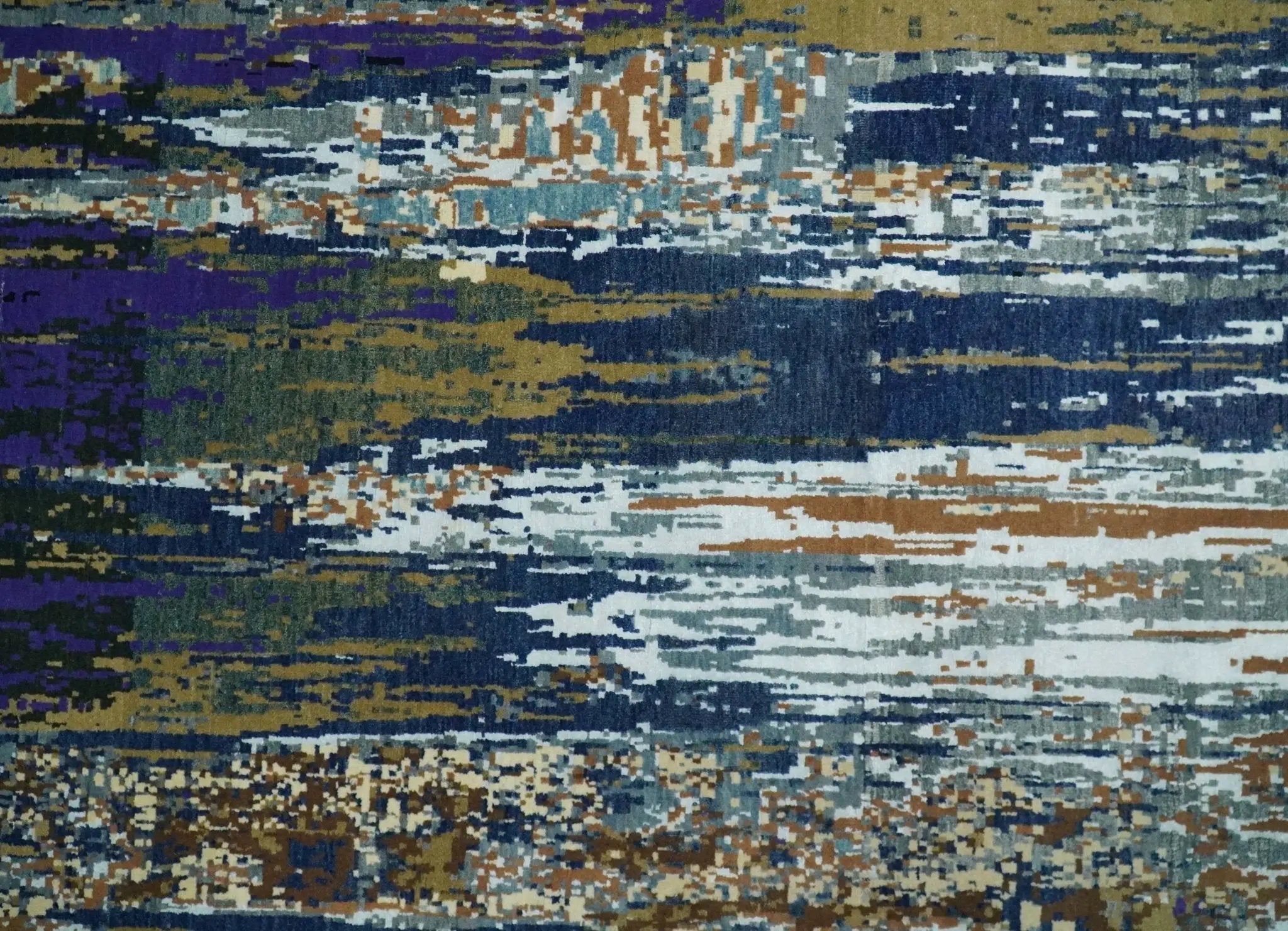 8x10 Fine Hand Knotted Blue And Brown Modern Abstract Wool and Bamboo Silk Area Rug by The Rug Decor