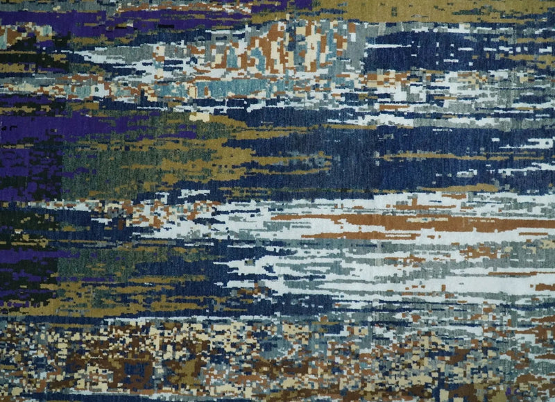 8x10 Fine Hand Knotted Blue And Brown Modern Abstract Wool and Bamboo Silk Area Rug by The Rug Decor