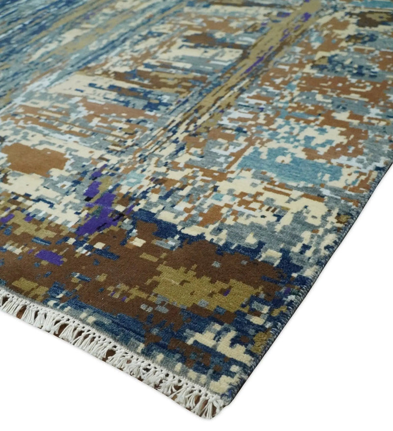 8x10 Fine Hand Knotted Blue And Brown Modern Abstract Wool and Bamboo Silk Area Rug by The Rug Decor