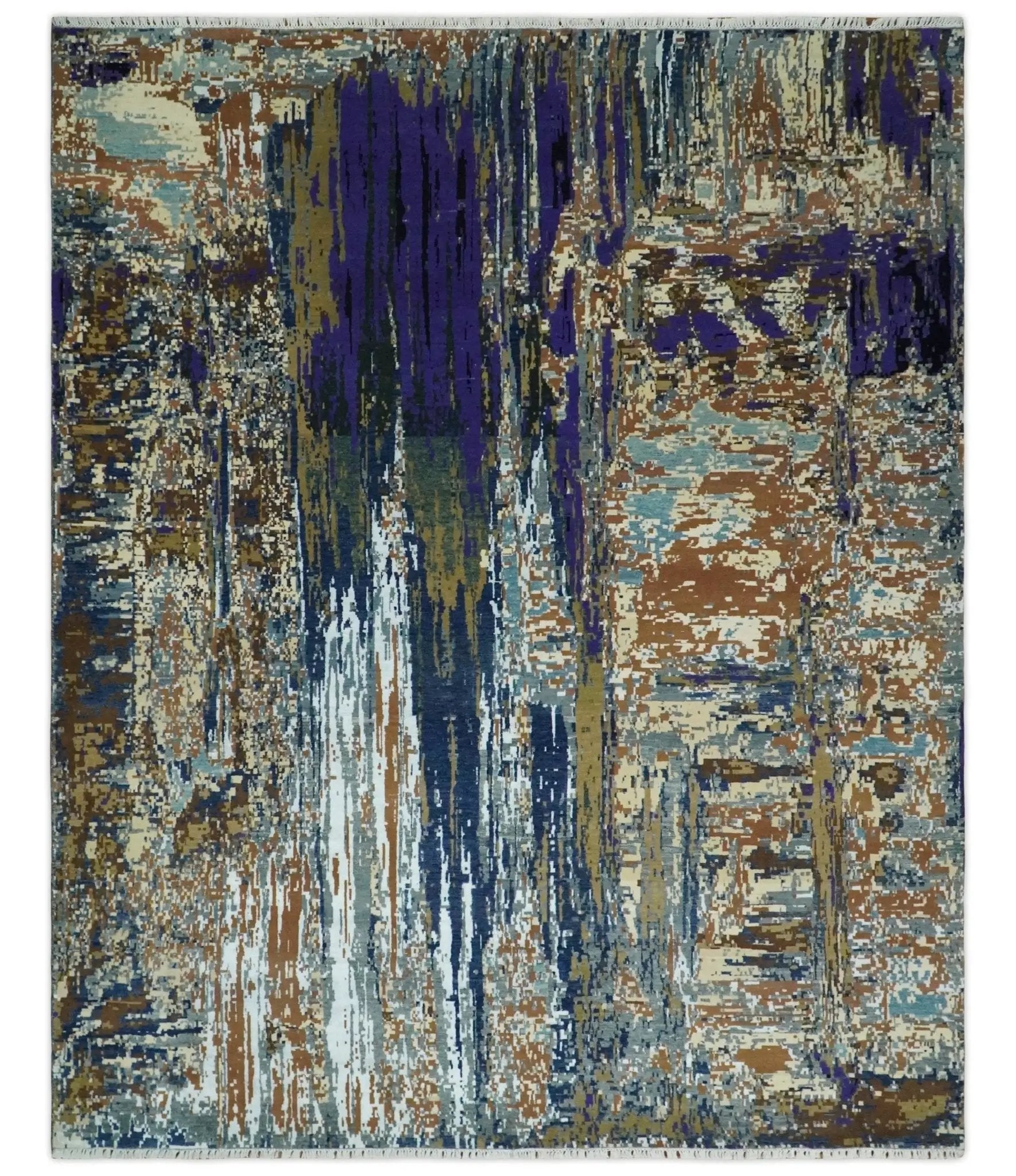 8x10 Fine Hand Knotted Blue And Brown Modern Abstract Wool and Bamboo Silk Area Rug by The Rug Decor