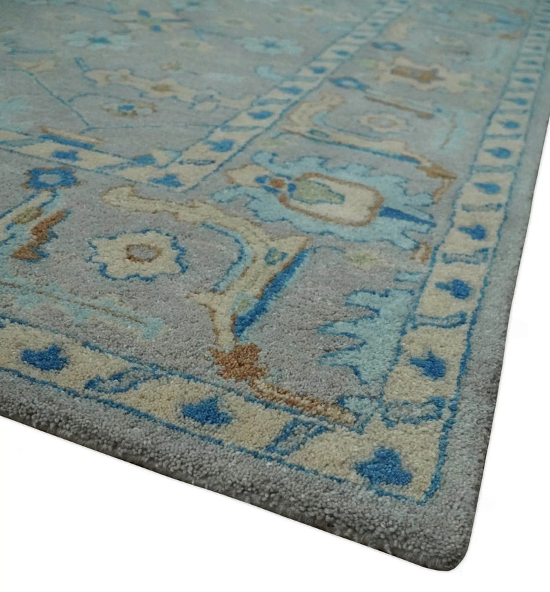 8x10 Hand Tufted Gray, Beige and Accent Blue Traditional Herati Design Wool Rug by The Rug Decor