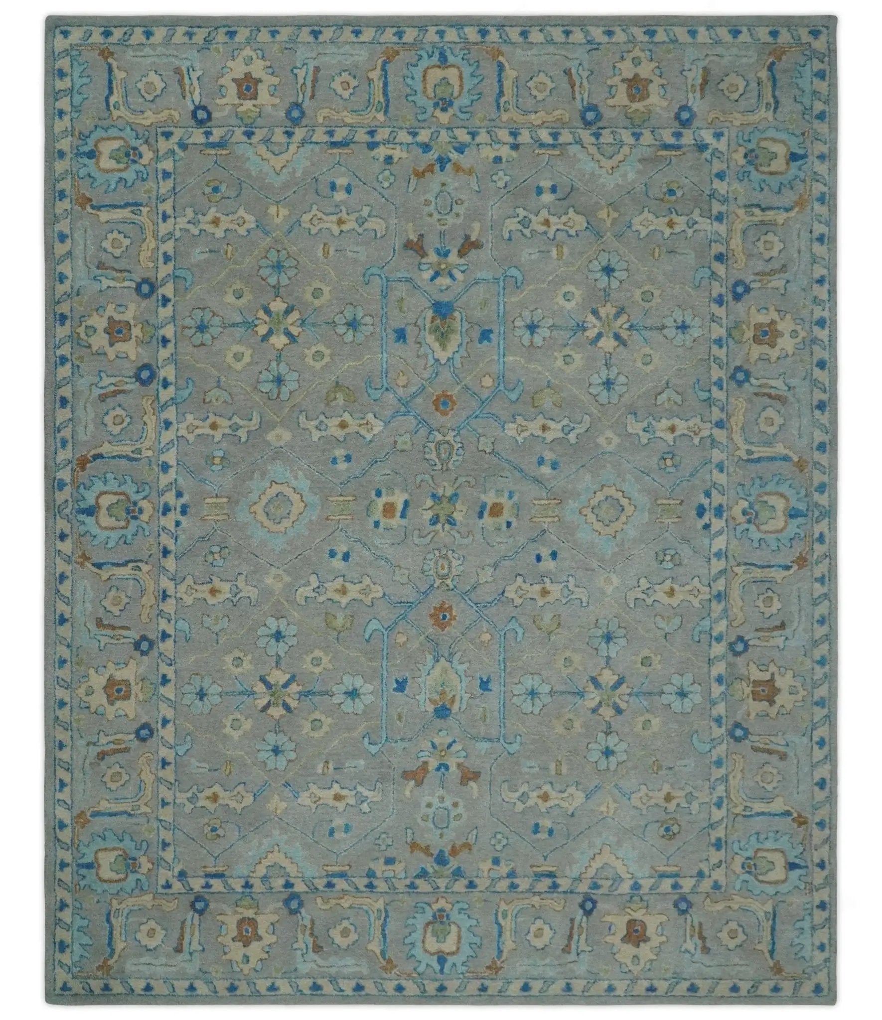 8x10 Hand Tufted Gray, Beige and Accent Blue Traditional Herati Design Wool Rug by The Rug Decor