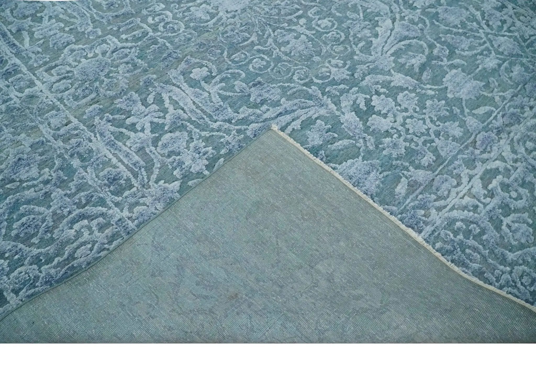 8x9.7 Blue Antique Style, Distressed Finish Hand Carved Traditional Medalian Hand Knotted Wool and Silk Rug by The Rug Decor