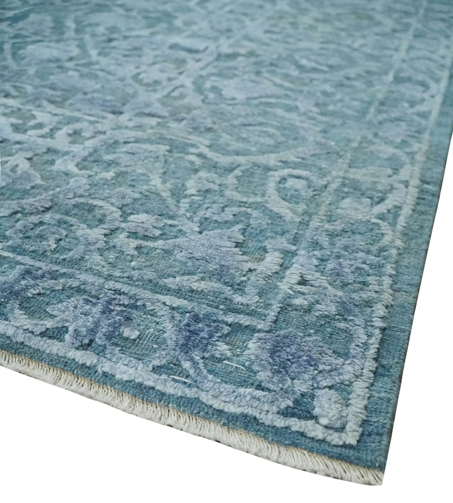 8x9.7 Blue Antique Style, Distressed Finish Hand Carved Traditional Medalian Hand Knotted Wool and Silk Rug by The Rug Decor