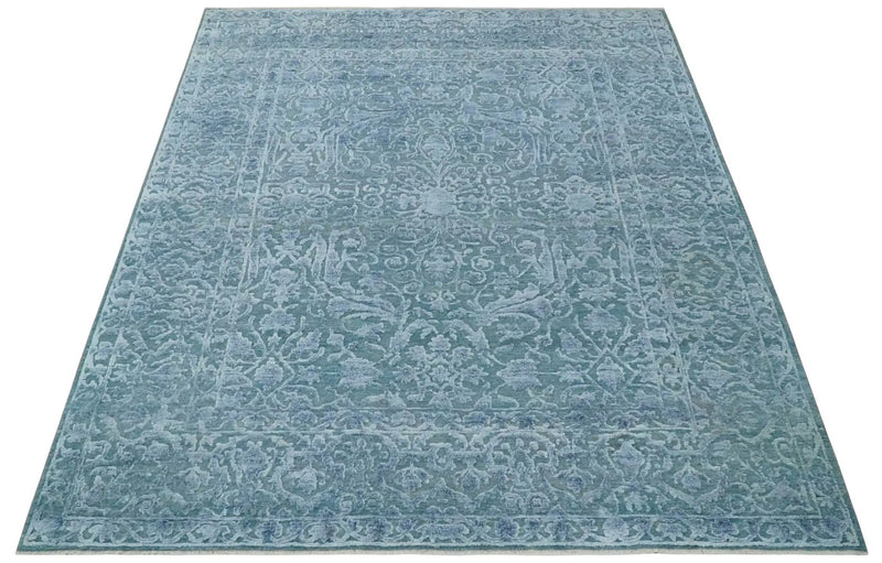 8x9.7 Blue Antique Style, Distressed Finish Hand Carved Traditional Medalian Hand Knotted Wool and Silk Rug by The Rug Decor