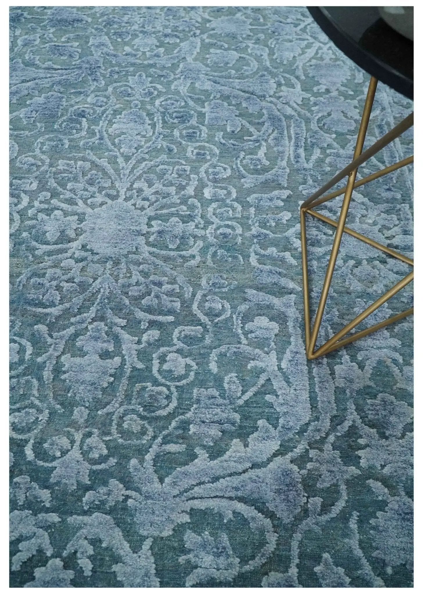 8x9.7 Blue Antique Style, Distressed Finish Hand Carved Traditional Medalian Hand Knotted Wool and Silk Rug by The Rug Decor