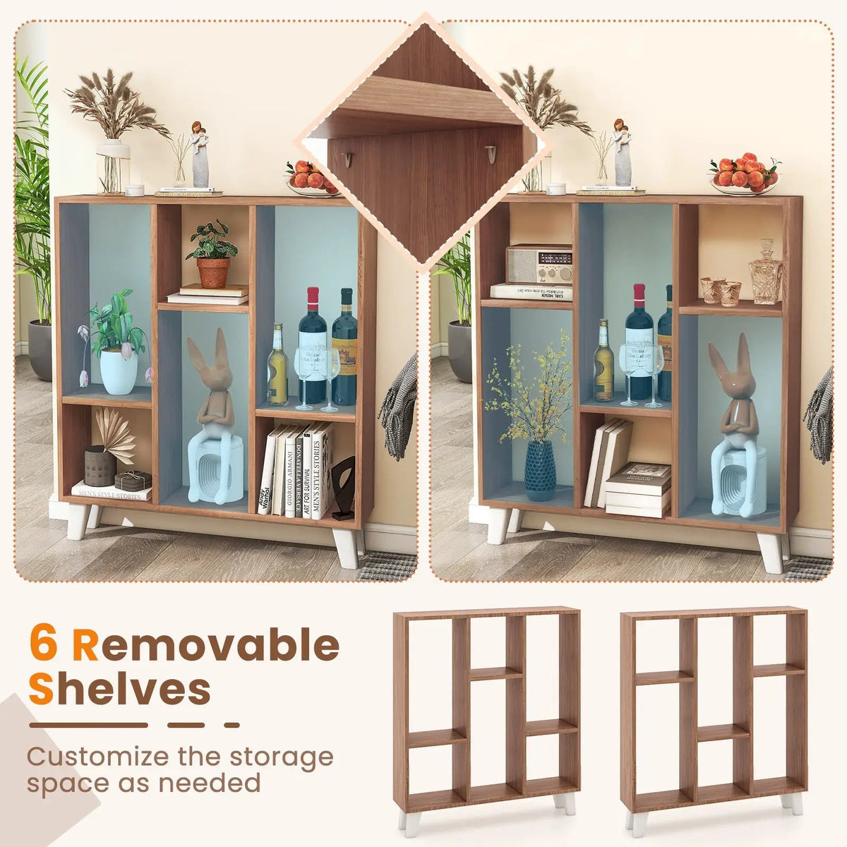 9-Cube Bookcase with 6 Removable Shelves and Raised Support Feet by DirectDeals