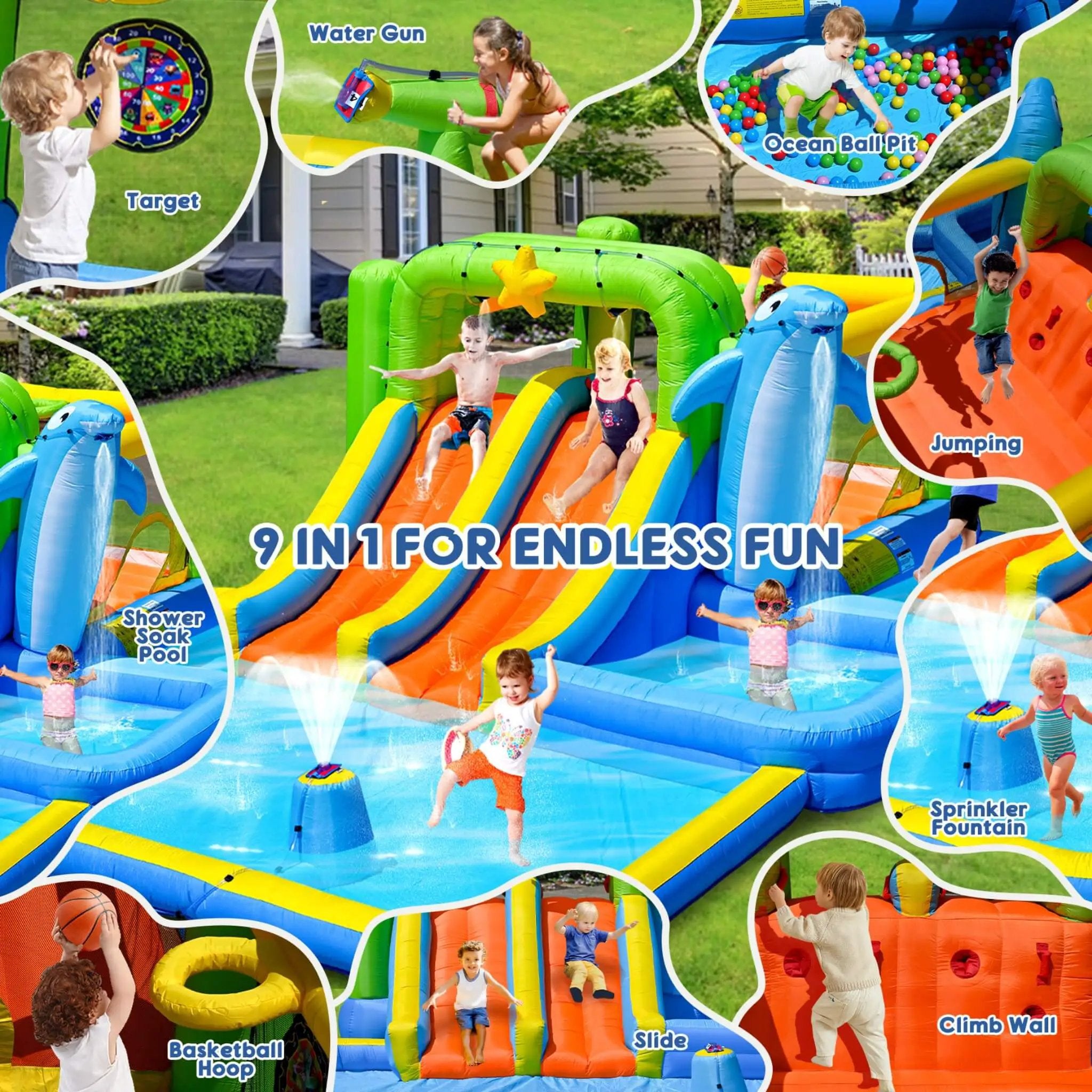 9-In-1 Inflatable Bounce House With Pool, Sprinkler, And Water Gun (SAK98154) by SAKSBY WHOLESALE