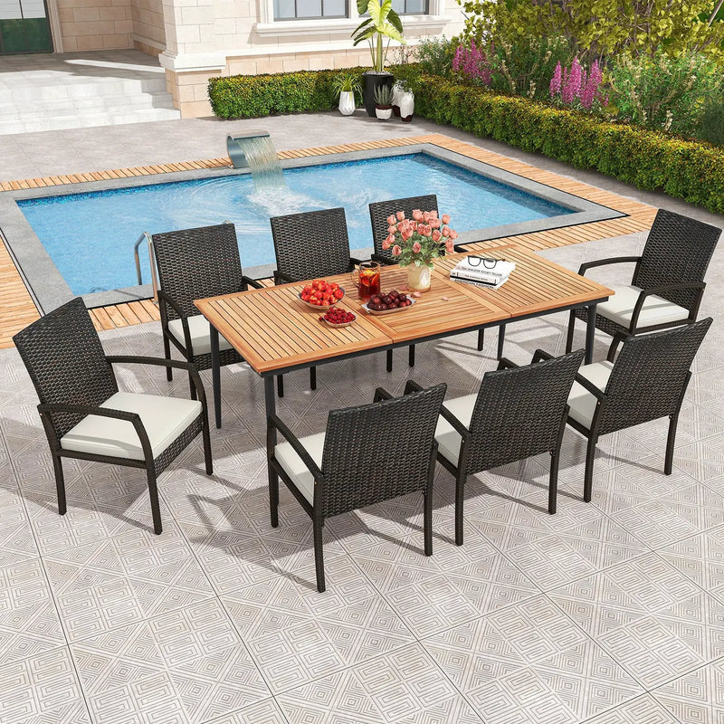 9-Piece Patio Dining Set with Umbrella Hole and 8 Rattan-woven Dining Chairs with Seat Cushions by DirectDeals