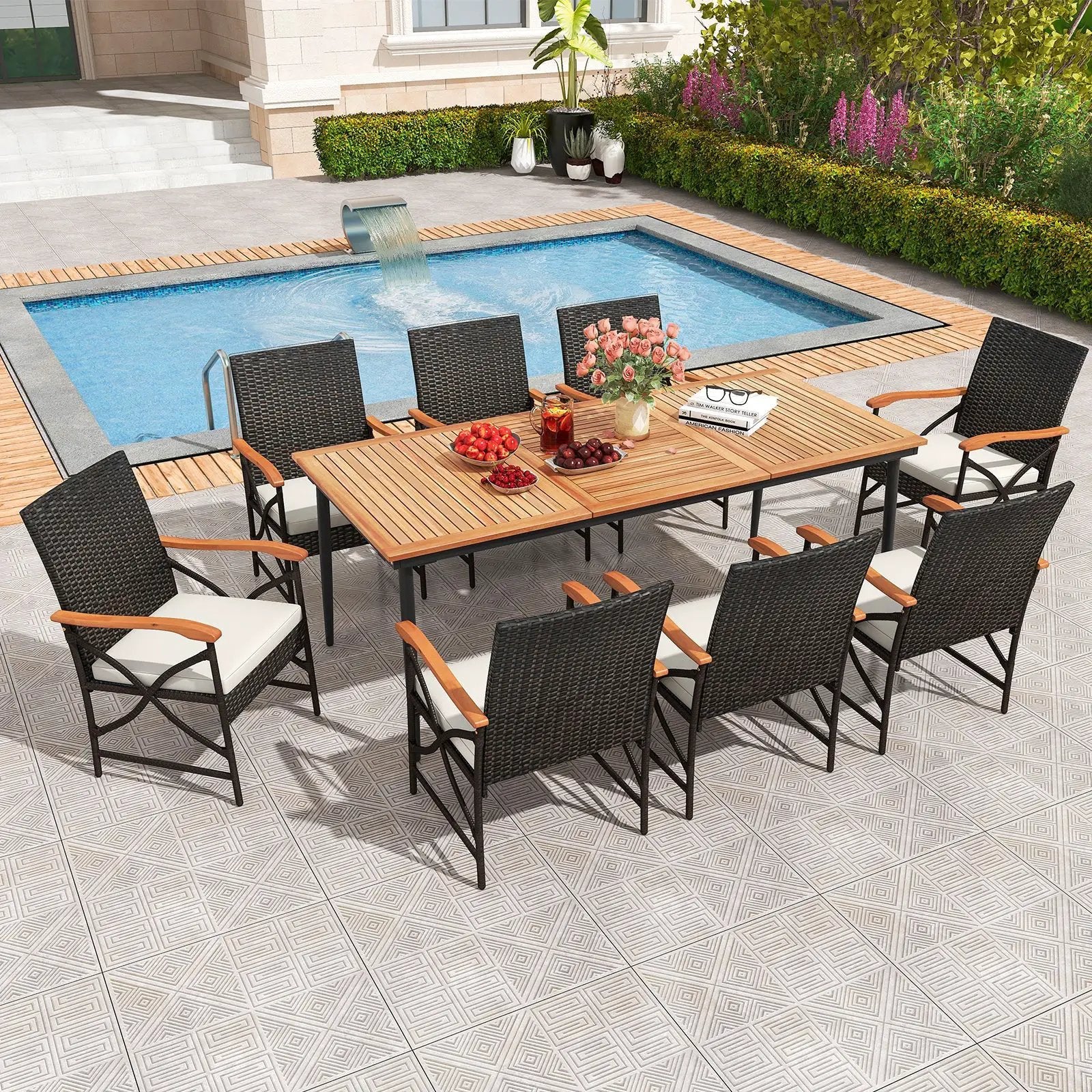 79 Inch Outdoor Acacia Wood Dining Table and 8 Rattan-woven Dining Chairs with Umbrella Hole by DirectDeals