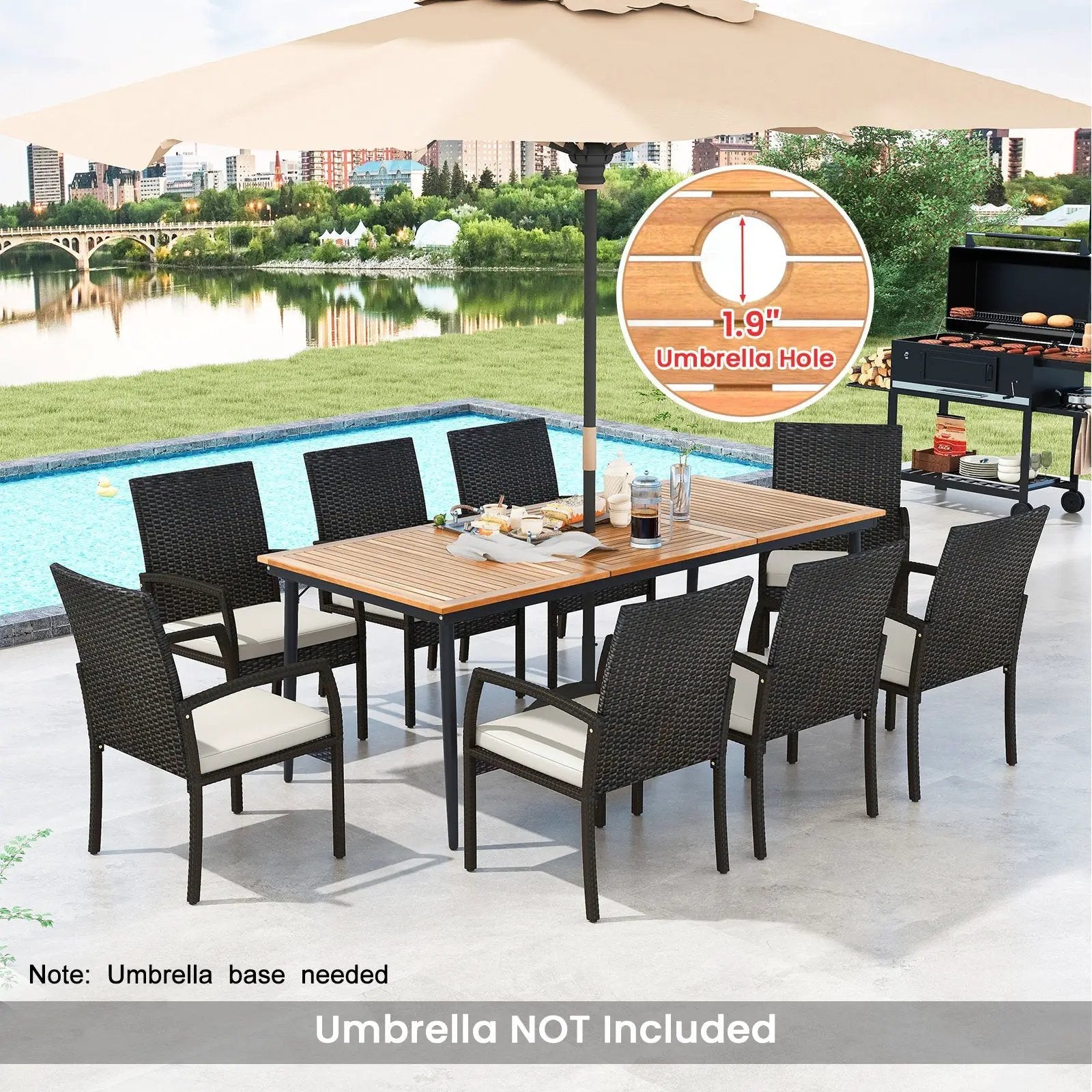 9-Piece Patio Dining Set with Umbrella Hole and 8 Rattan-woven Dining Chairs with Seat Cushions by DirectDeals