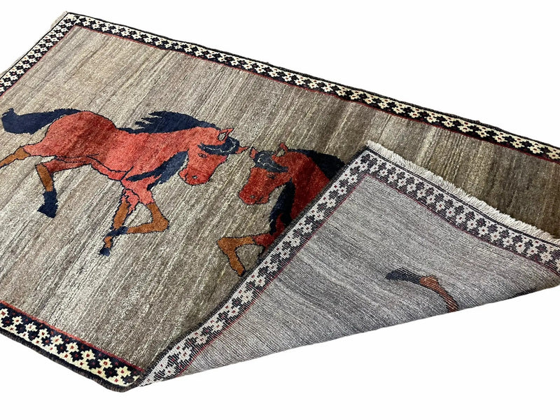 4 X 7 Handmade Hand-Knotted Quality Wool Rug Pictorial Horses Veggie Dyes Tribal by Jewel Rugs
