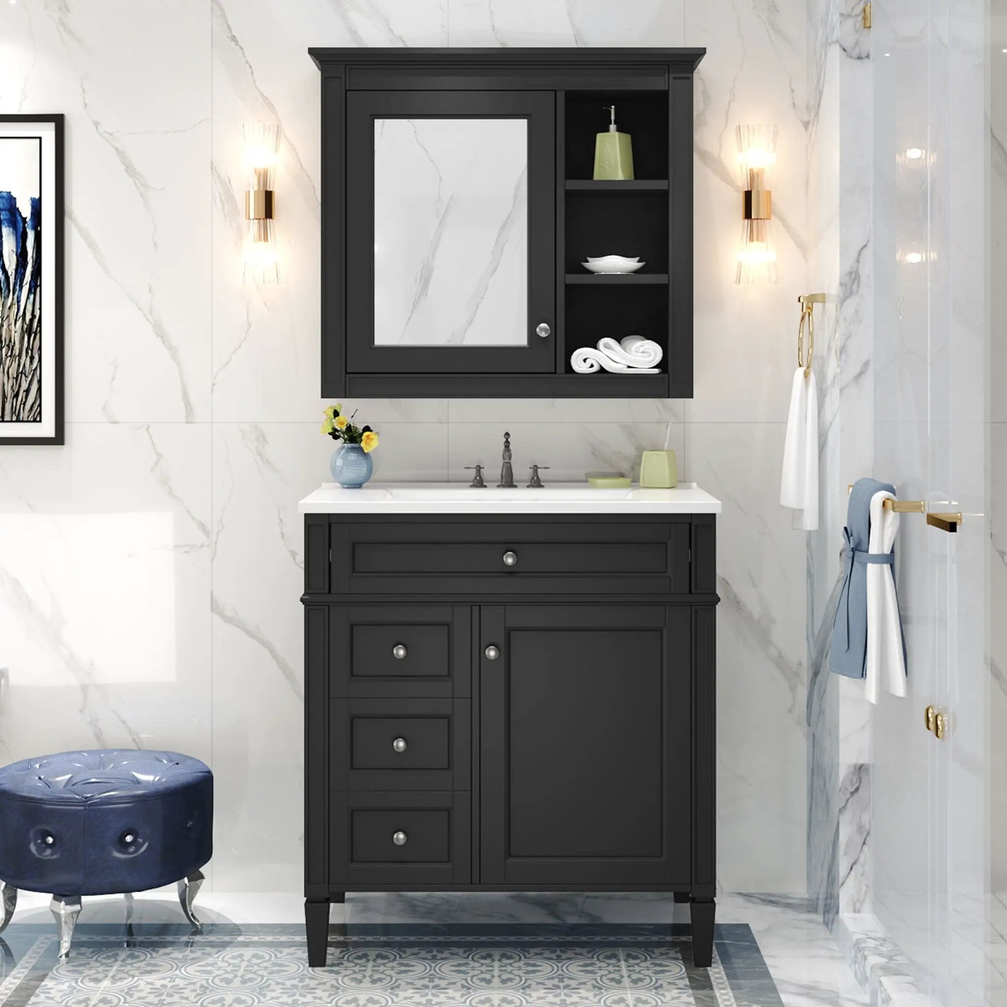 Bathroom Vanity With Medicine Cabinet, Royal Mirror Cabinet, Modern Bathroom Storage Cabinet With 2 Soft Closing Doors And 4 Drawers by Unique Piece Furniture