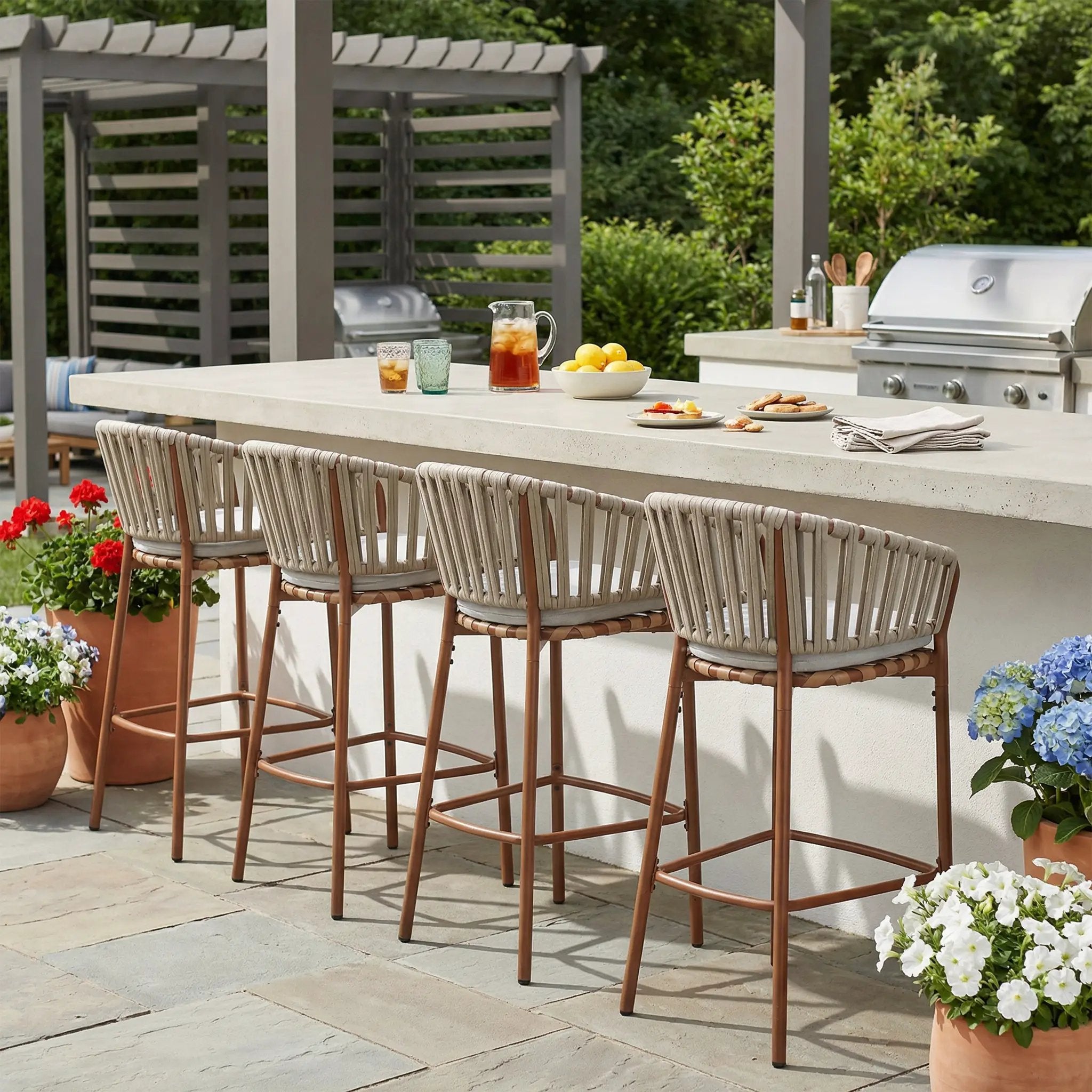 Lodi Outdoor Metal Rope Barstool, Teak Finished Frame and Beige Cushion, Set of 4 by HouseOfZazla