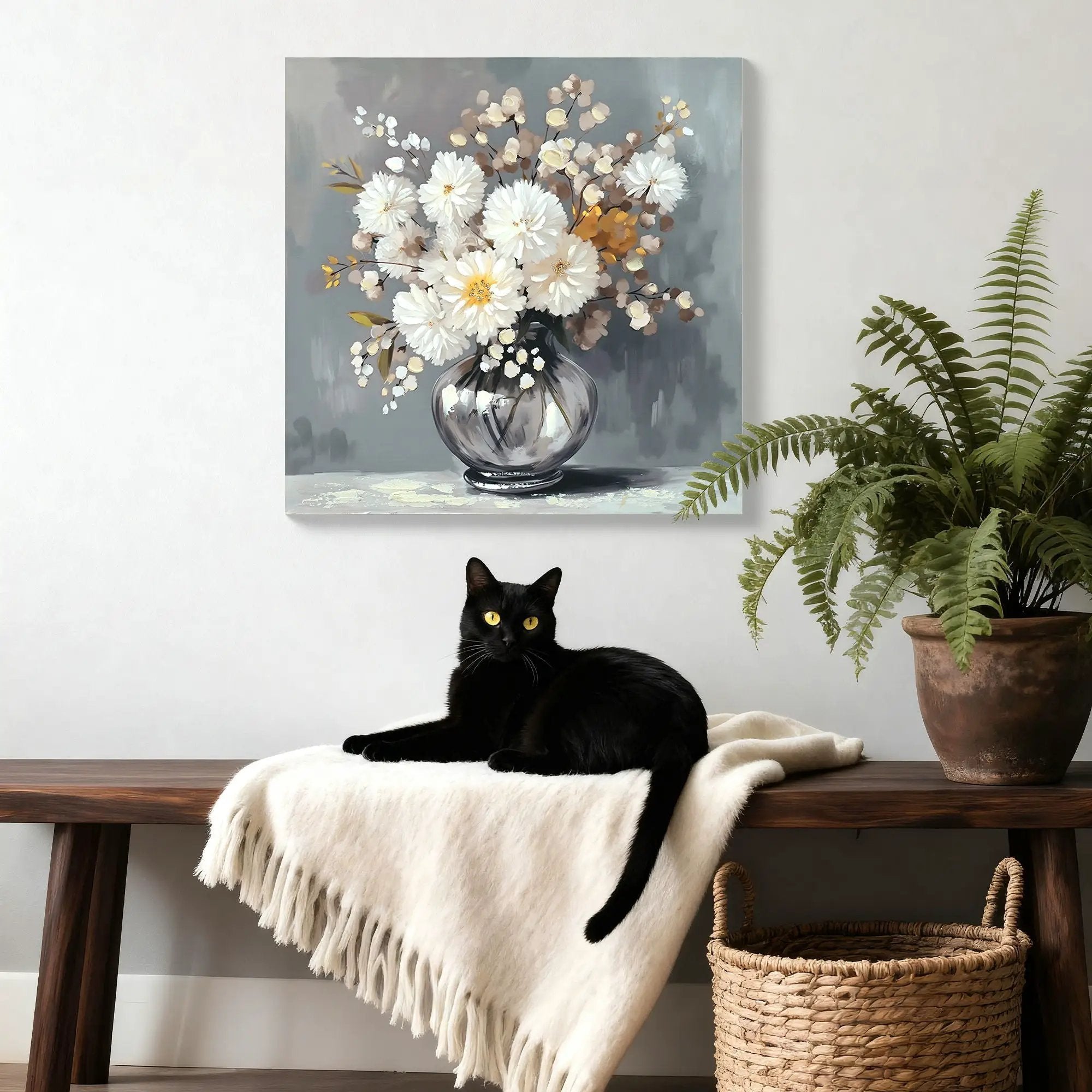 Chrysanthemum Vase Canvas Wall Art Decor Country - Stone White by Unique Piece Furniture