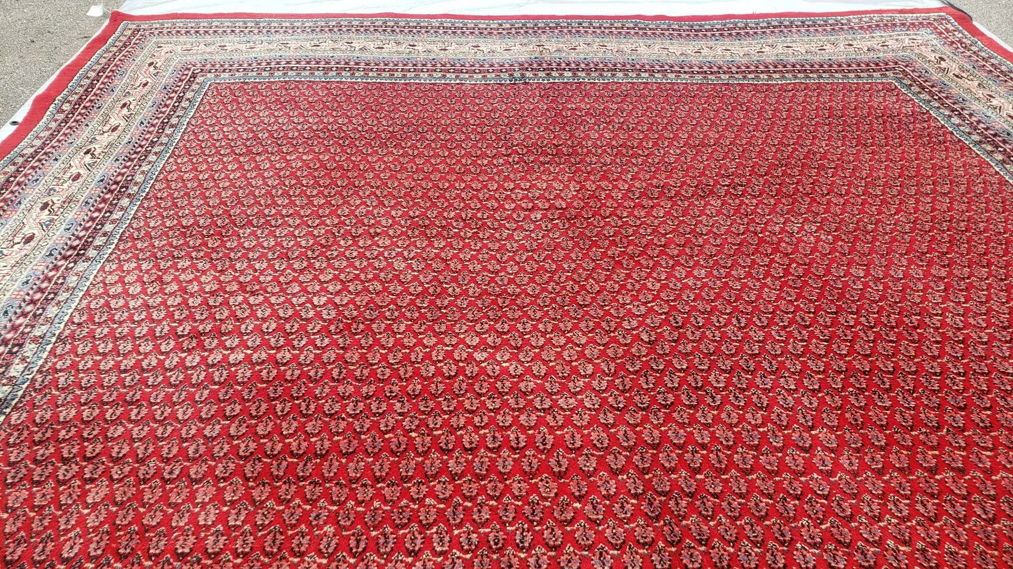 Persian Sarouk Mir Pattern, Red and Beige, Hand-Knotted, Wool, Paisley Boteh Design, 9'9" x 13', Semi Antique by Jewel Rugs